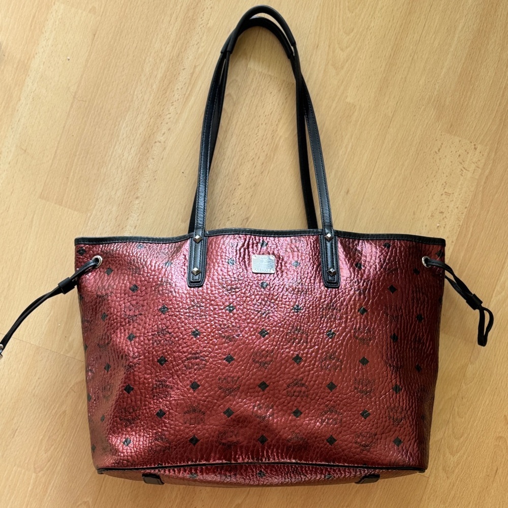 MCM Visetos Metallic Burgundy Tote Bag